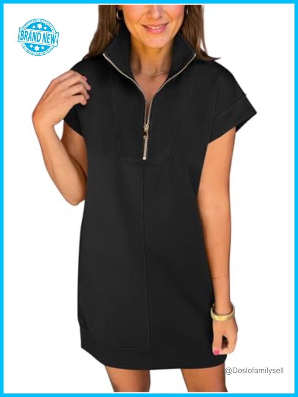 Women's Half Zip Cap Sleeve Wrinkle-Free Tshirt Dress Summer Beach Vacation